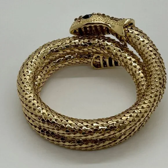 Gold-Tone Memory Wire Snake Bracelet With Black Eyes & Rhinestone Accents - Picture 7 of 10